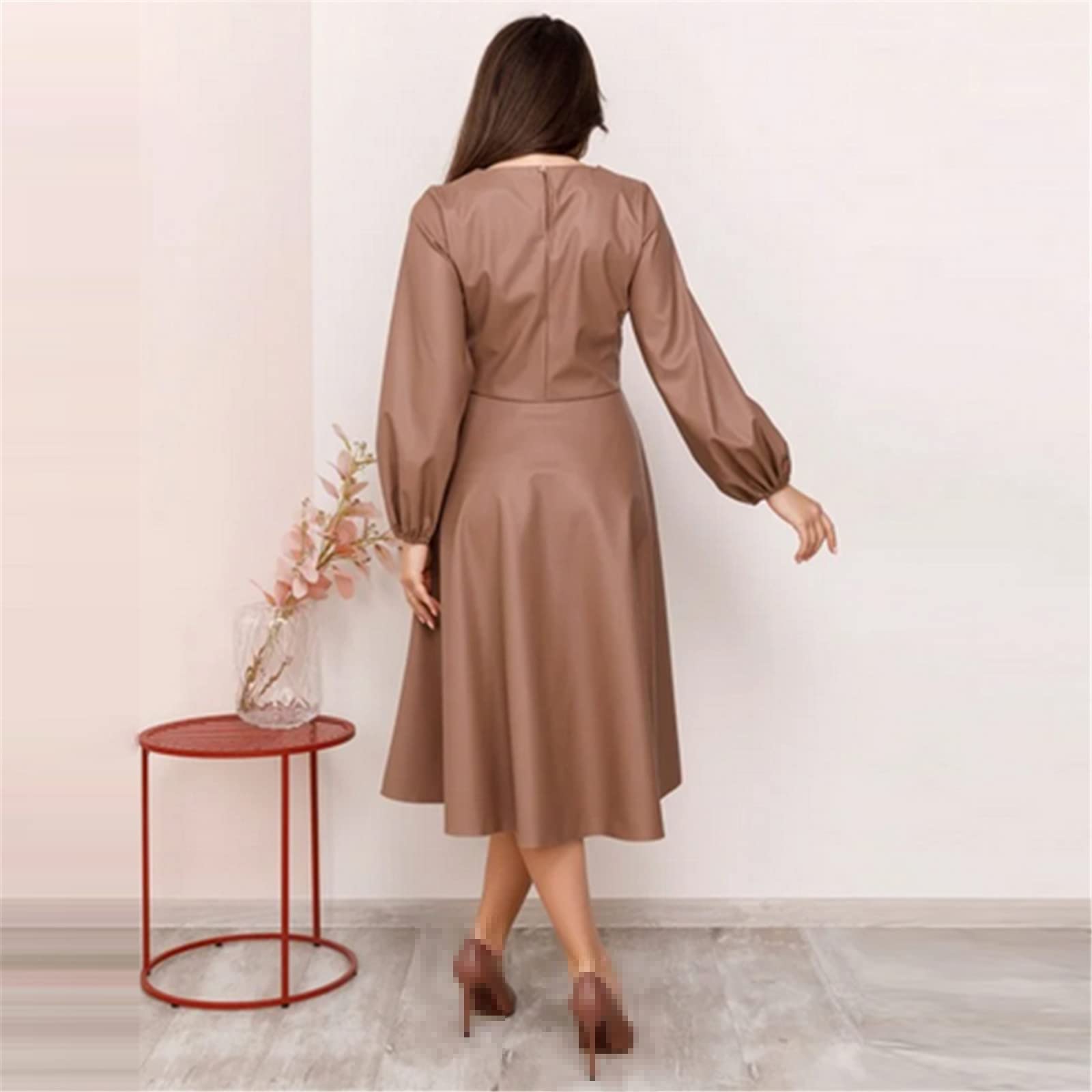 Women's PU Faux Leather Dress - Long Sleeve O-Neck Lantern Sleeve Knee-Length Solid Casual Draped Fashion Dress for Fall | Perfect for Office Wear, Date Night & Autumn Outfits
