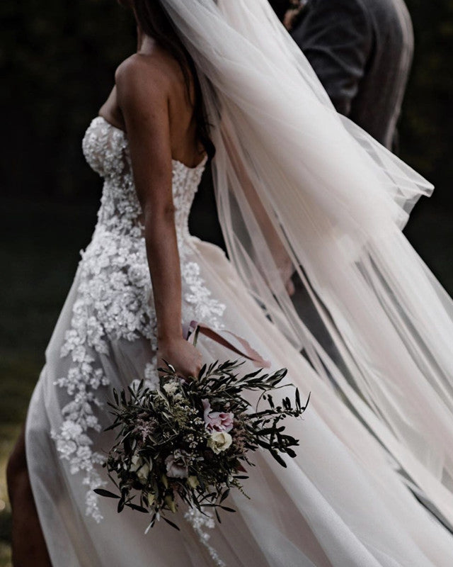 Boho Wedding Dresses for Women - Sheer Tulle Corset Gown with Thigh High Slit | Perfect for Beach, Garden & Bohemian Style Weddings