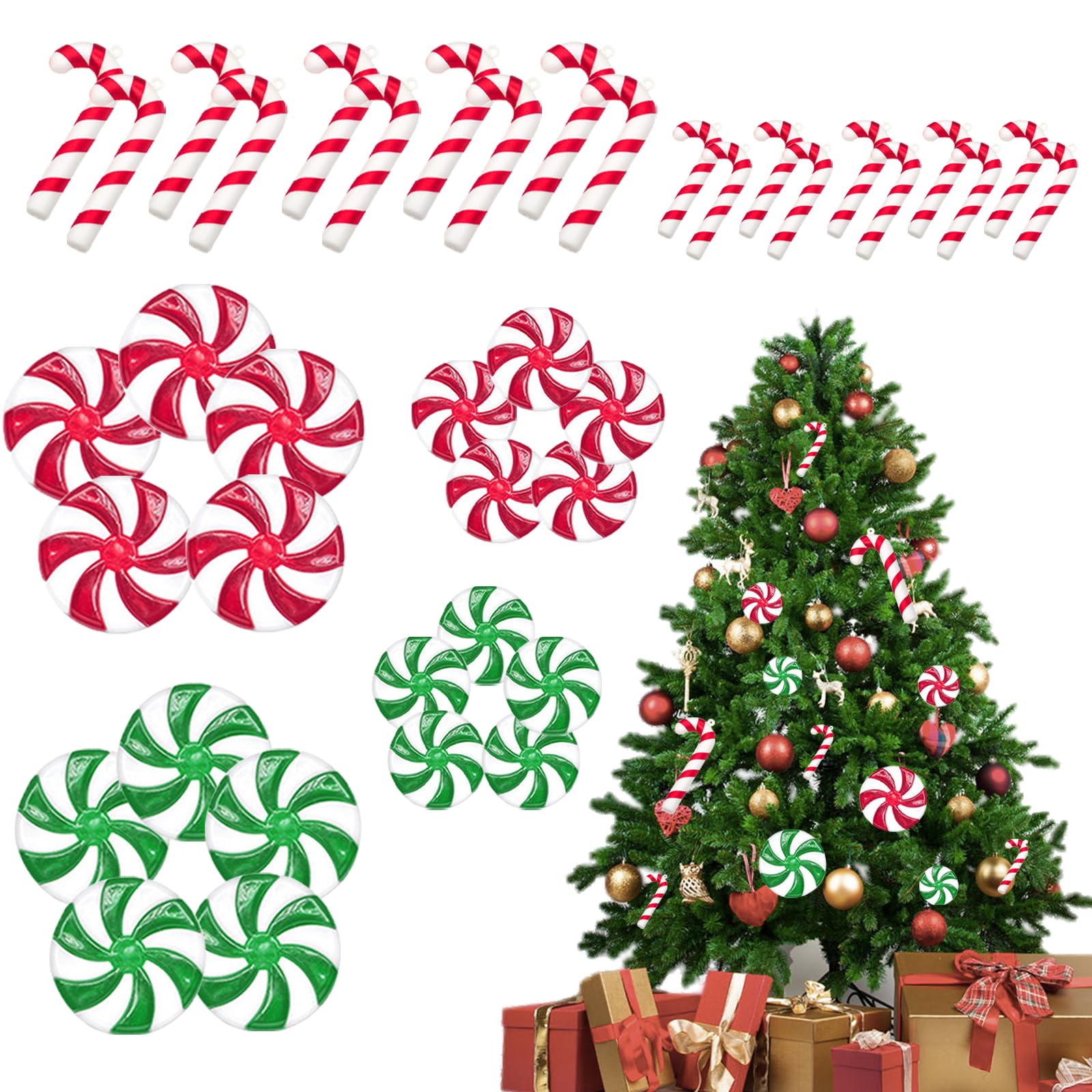 40PCS Red and Green Candy Cane Christmas Tree Ornaments - 2 Styles Plastic Hanging Decorations for Xmas Party, Home & Office Decoration | Perfect for Christmas Trees, Gift Wrapping, Holiday Parties & Festive Decor