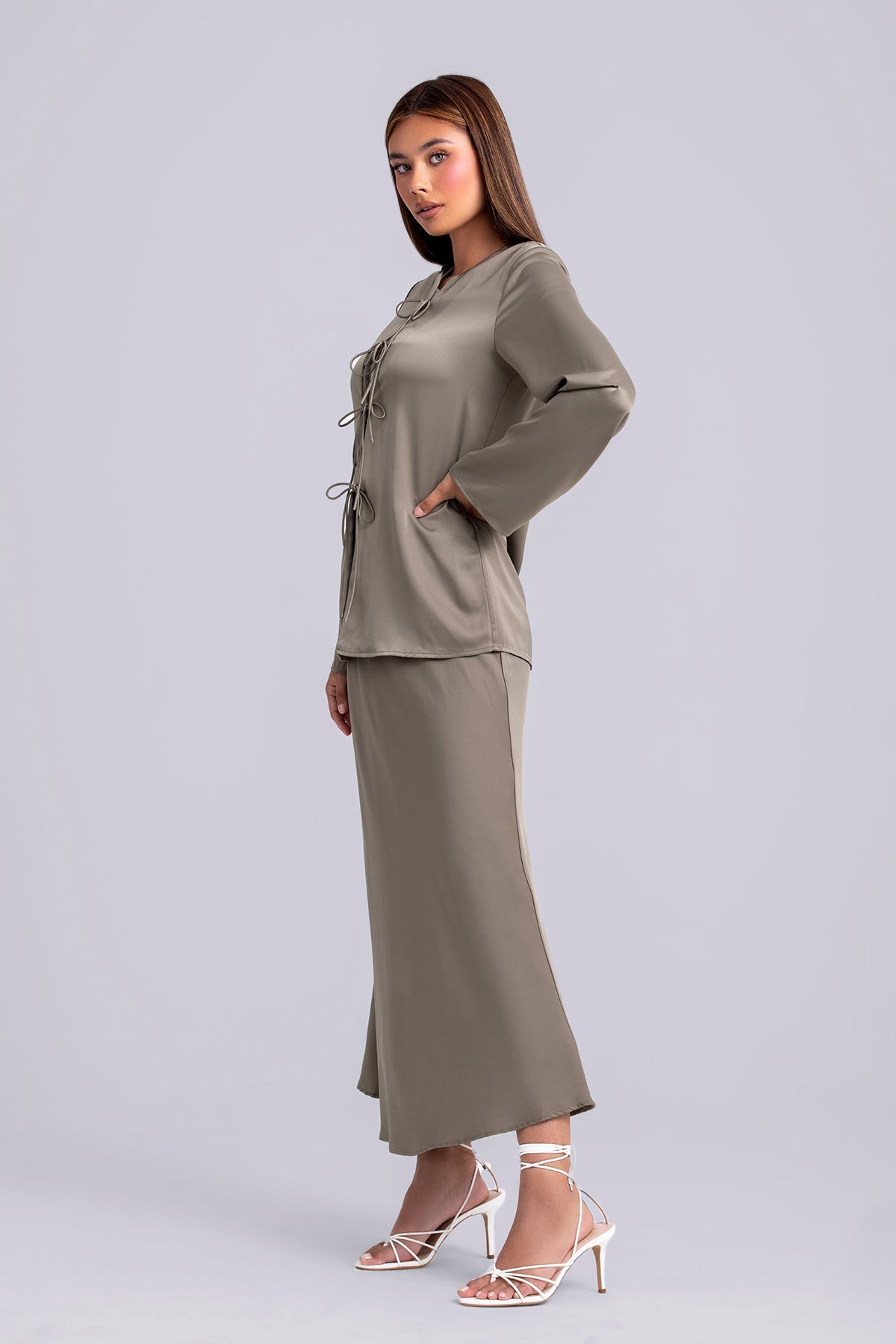 Layan Satin Top and Maxi Skirt Set - Women's Elegant Two Piece Outfit for Party, Wedding & Special Occasions | Moss Green Flowy Skirt & Blouse Combo