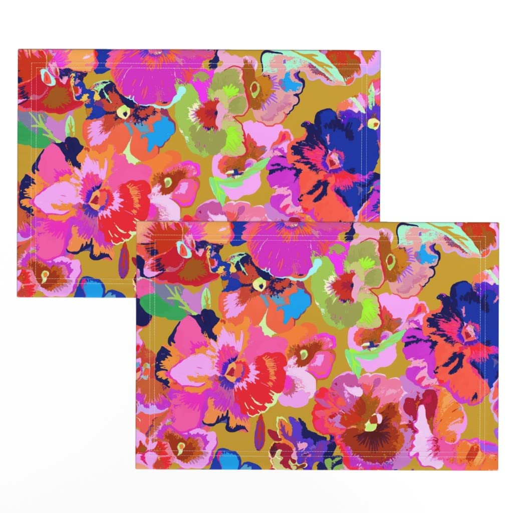 Linen Cotton Canvas Placemats Set of 2 - Pink Floral Botanical Print Table Mats for Dining Room Decor, Kitchen Table Setting, and Party Dinnerware Accessories