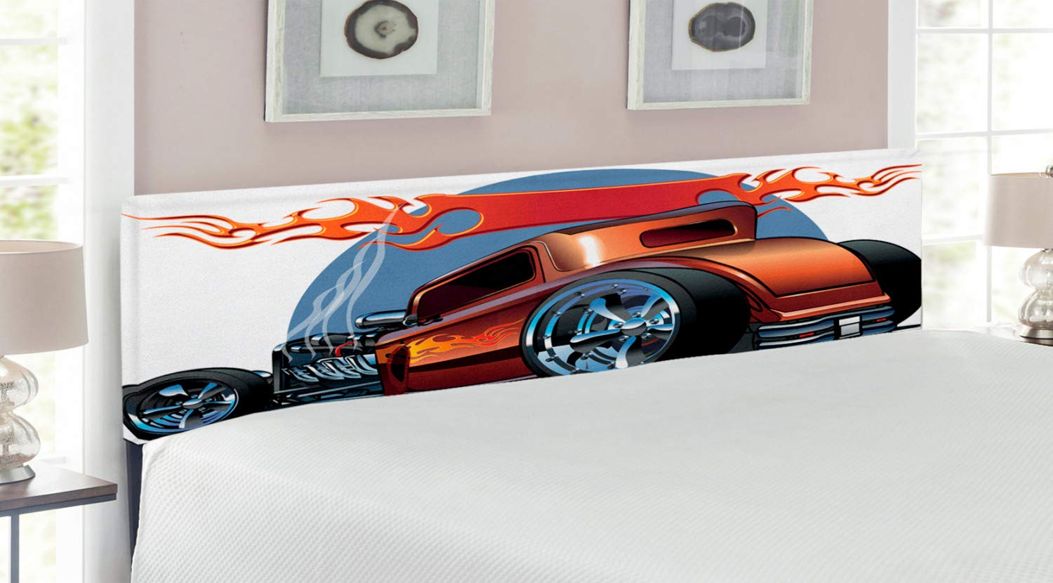 Ambesonne Vintage Cars Headboard - Custom Cartoon Hot Rod Antique American Engine Design Upholstered Metal Bed Frame with Memory Foam | King Size Orange Blue Black | Perfect for Retro Bedroom Decor & Car Enthusiast's Home