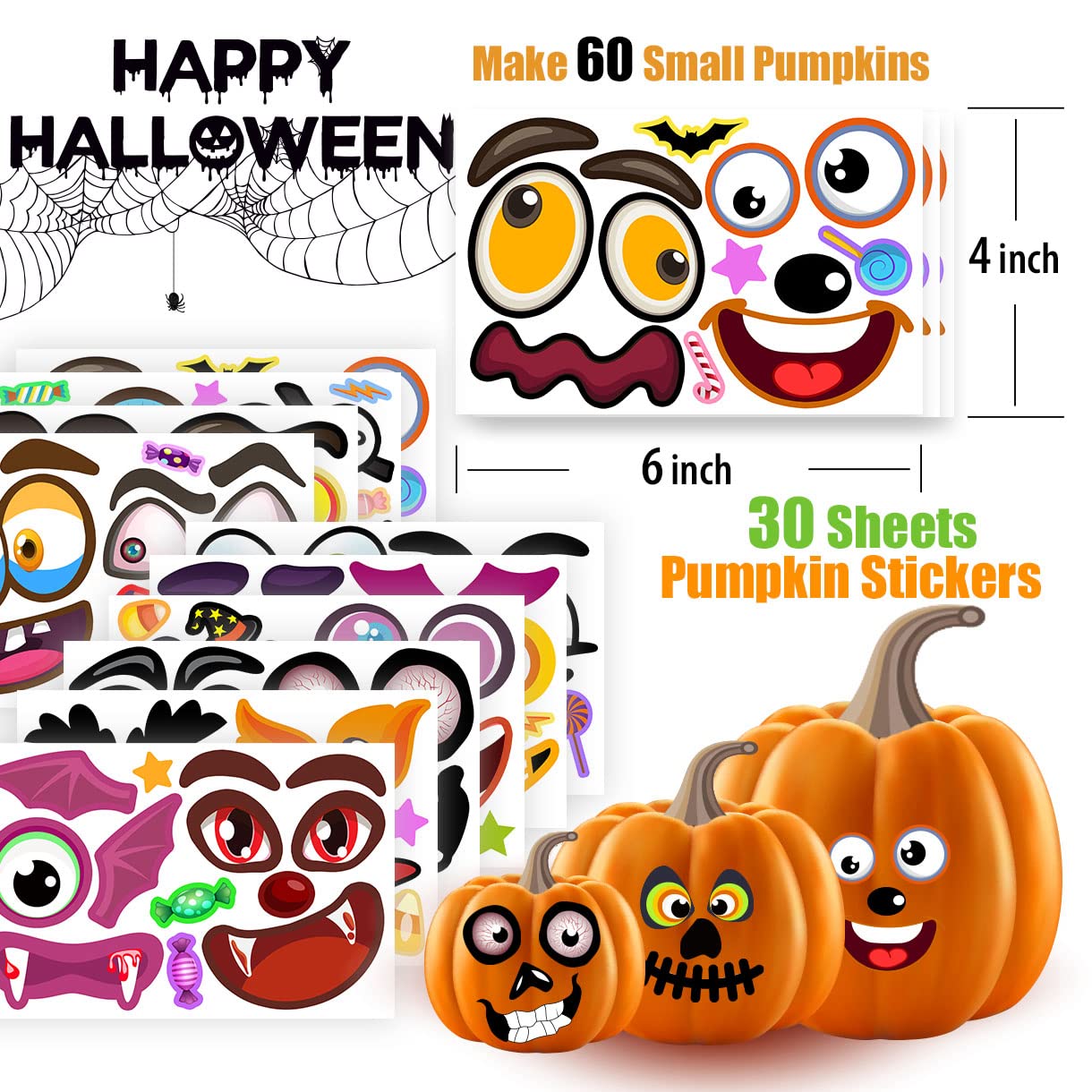 60 Pack Halloween Stickers Pumpkin Decorating Kit - 30 Sheets Pumpkin Stickers for Halloween Crafts, Party Supplies & Kids Party Favors - Perfect for Pumpkin Carving, Classroom Activities & Trick-or-Treat Bags