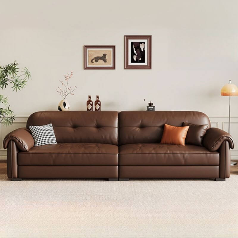Minimalist Waterproof Auburn Leather Floor Sofa - 3/4 Seater Modern Sectional Couch for Living Room, Lounge & Small Spaces