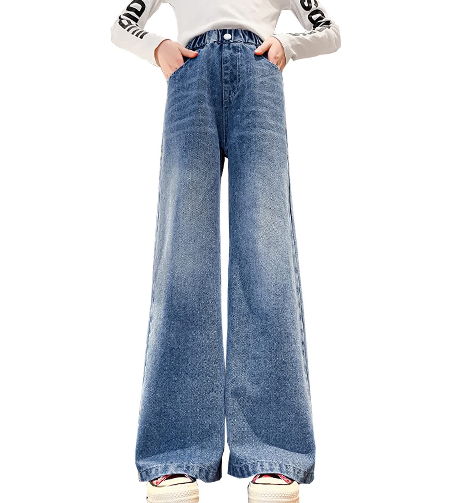 Girls' Baggy Wide Leg Jeans - Stretchy Elastic Waist, Distressed Washed Denim Pants for Kids Age 5-14 - Perfect for School, Playdates & Casual Outfits