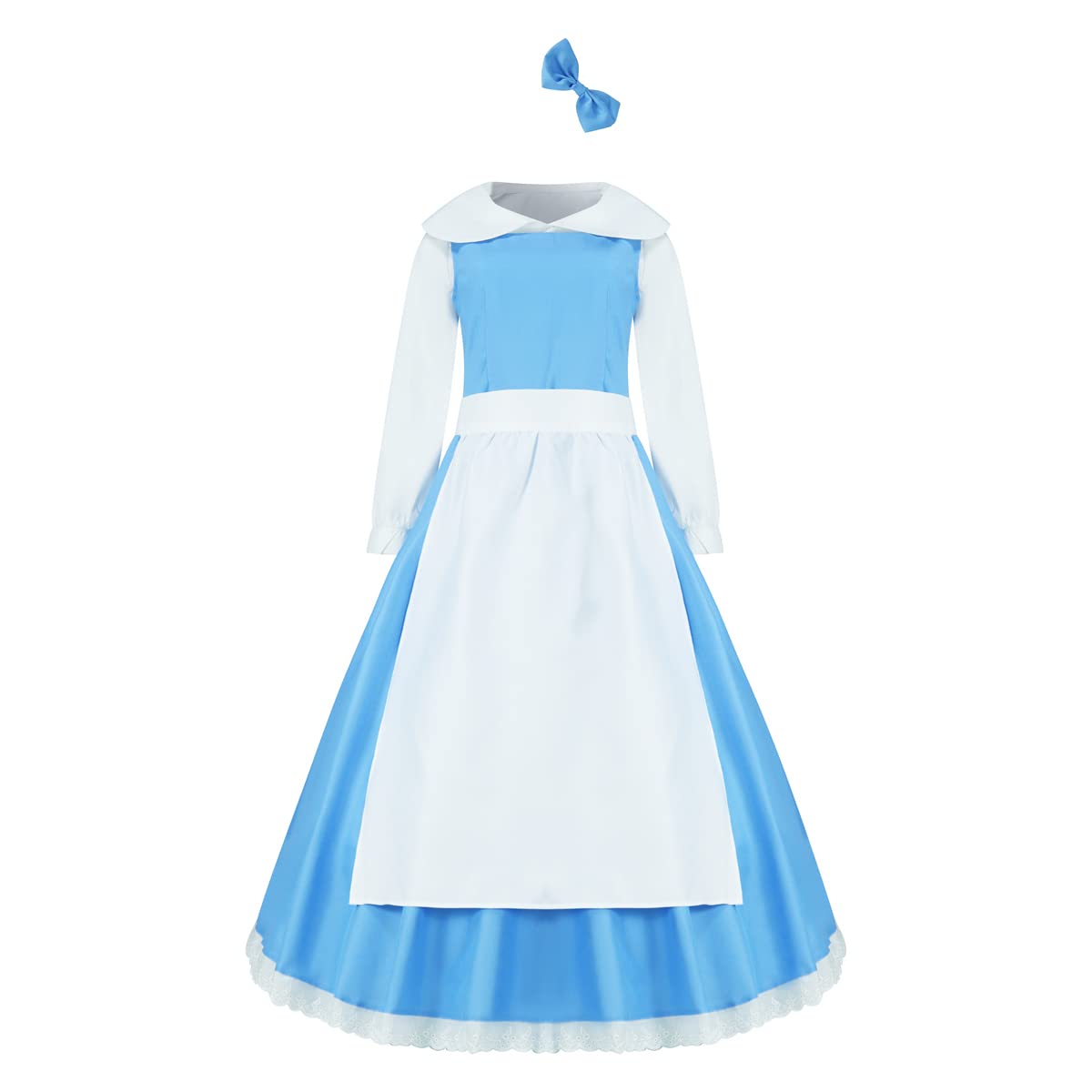 LILLIWEEN Women's Belle Maid Costume - Beauty Blue Dress with Long Sleeve White Shirt & Apron for Cosplay, Halloween, Christmas Party, Birthday Ball Gown Dress Up