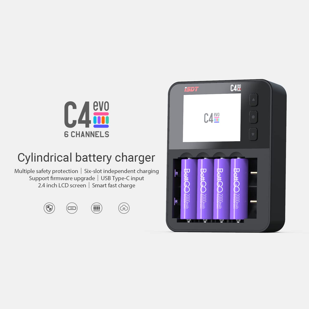 ISDT C4 EVO 6-Bay Smart Battery Charger for AA/AAA Li-ion NiMH Rechargeable Batteries - Fast Type-C QC3.0 Charging with LCD Display | Home Use, Travel, Emergency Power Supply, RC Toys, Flashlights