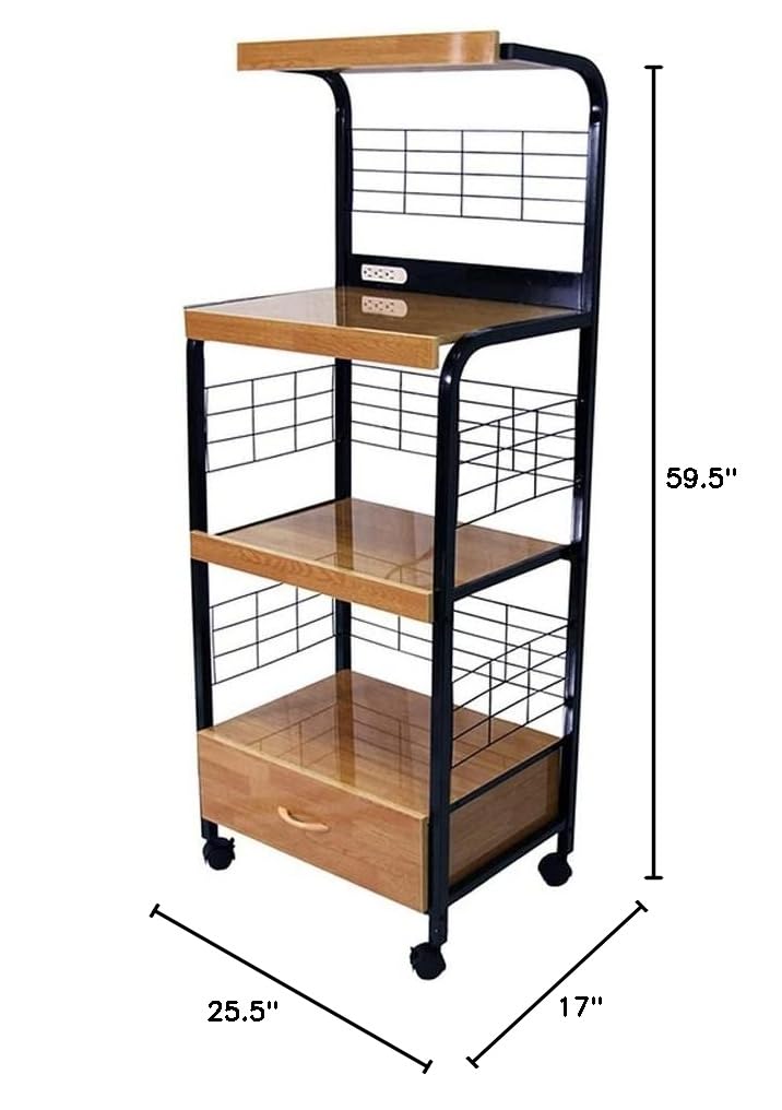 HomeRoots Black & Natural Metal Modern Microwave Kitchen Cart - Space-Saving Storage for Small Kitchens & Dorms