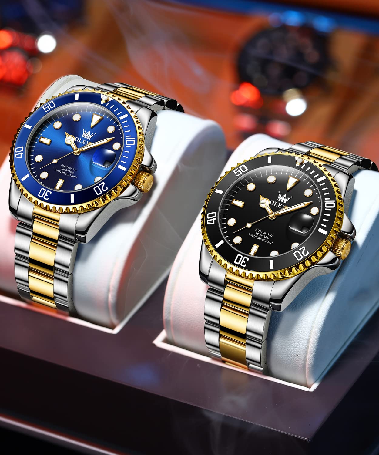 OLEVS Men's Automatic Self-Winding Mechanical Watch - Gold/Silver Stainless Steel Luxury Dress Watch with Big Face, Date Window, Waterproof & Luminous Rotating Bezel - Perfect for Business, Formal Events & Everyday Wear