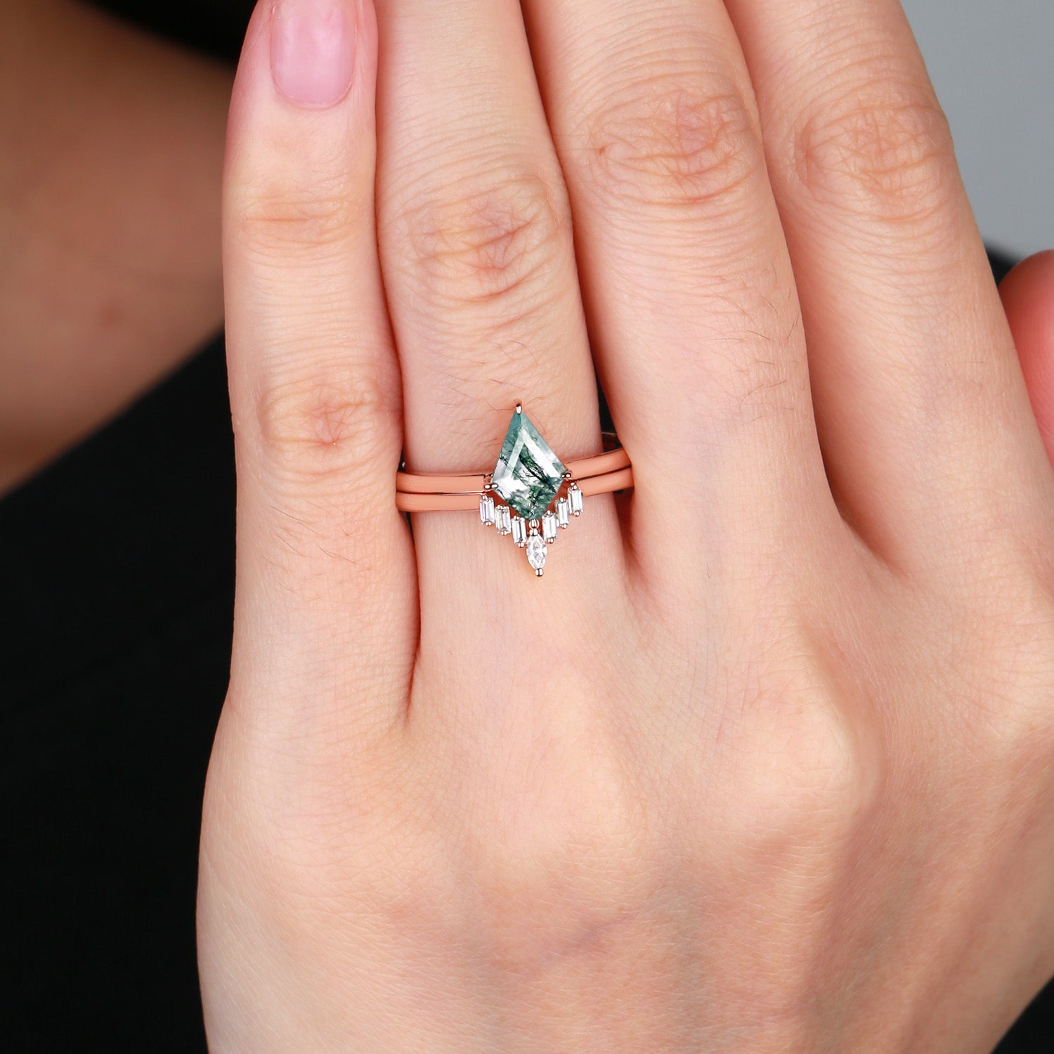 Black Gold Moss Agate Baguette Engagement Ring Set - 2 Piece Wedding Band for Women, Nature-Inspired Jewelry for Brides & Couples - Perfect for Proposals, Anniversaries & Romantic Occasions