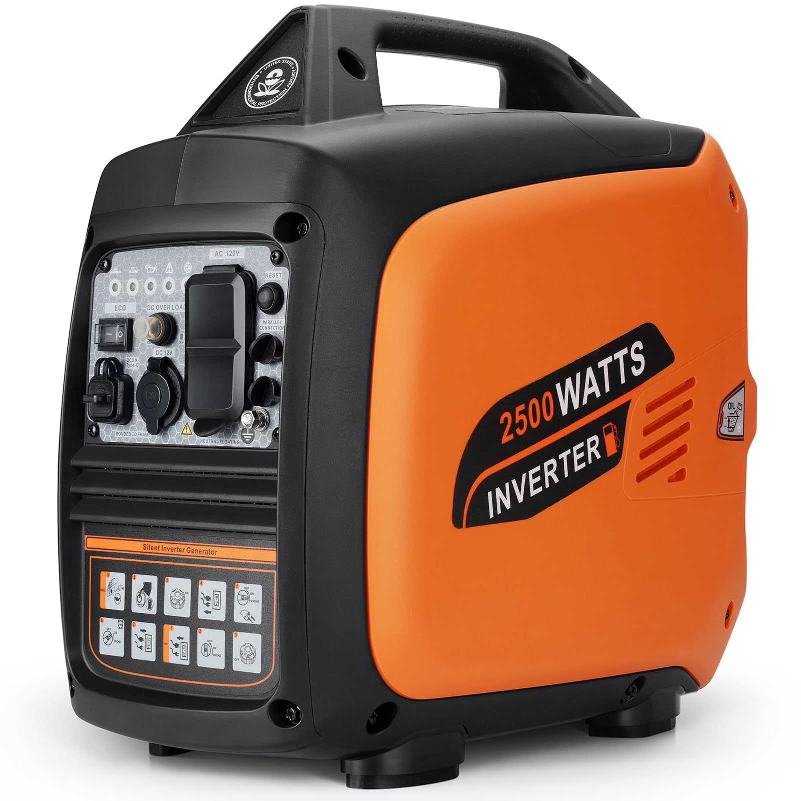 2500W Portable Inverter Generator - Gas Powered, Super Quiet with CO Sensor | EPA Compliant for Home Backup, Camping & Emergency Power | Perfect for Outdoor Adventures & Power Outages
