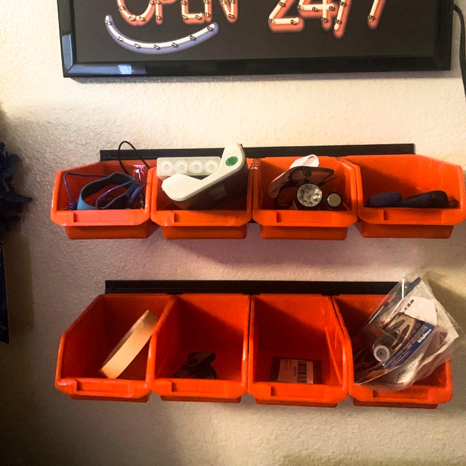 Wallmaster 8-Bin Storage Bins - 2-Tier Wall Mount Garage Organizer Rack System with Orange Tool Cube Baskets | Perfect for Garage, Workshop & Home Organization