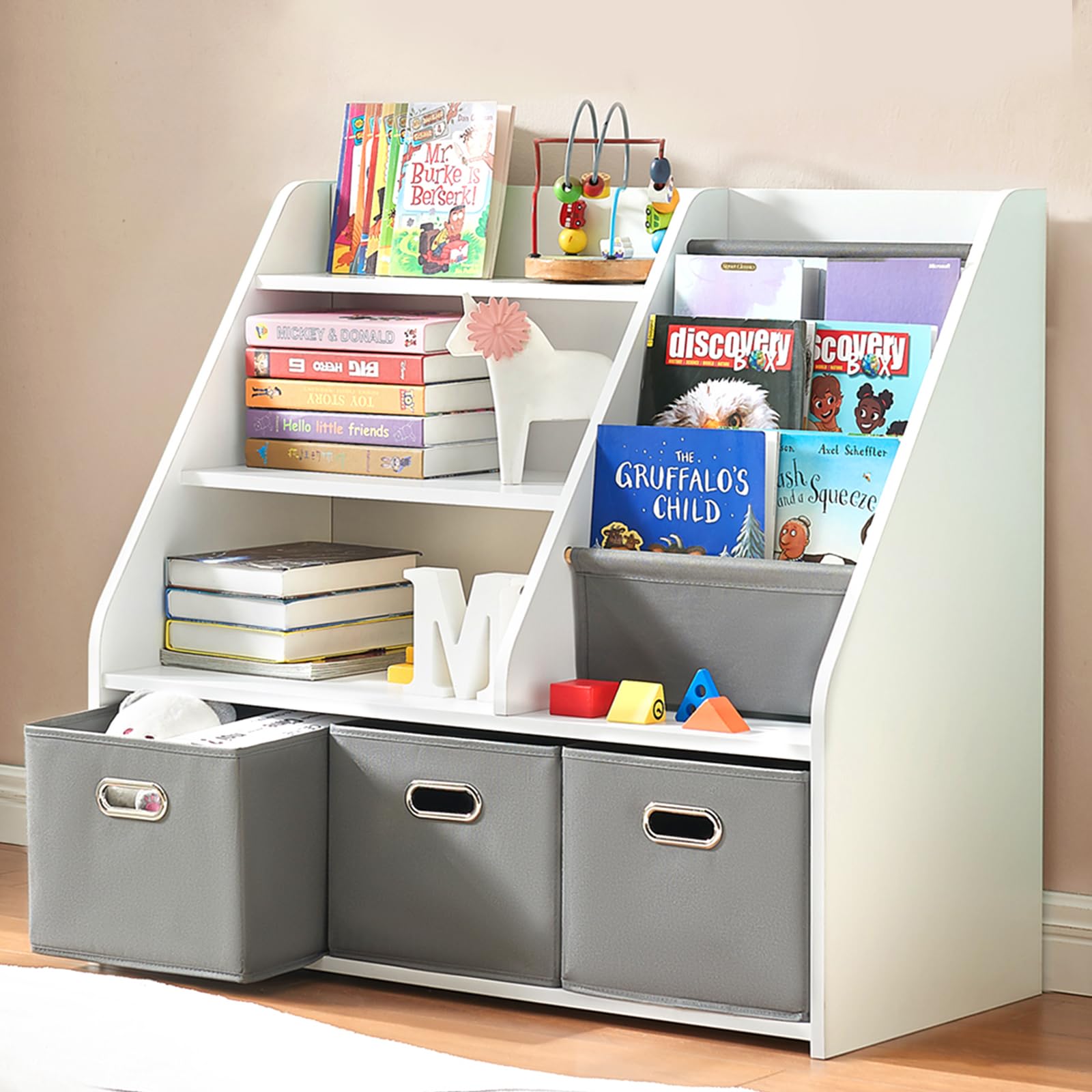 EFURDEN Kids Bookshelf & Toy Storage Organizer with Bins - Wooden Book Display Shelf for Bedroom, Playroom, Nursery & Classroom - Perfect for Organizing Books, Toys & Learning Materials in White