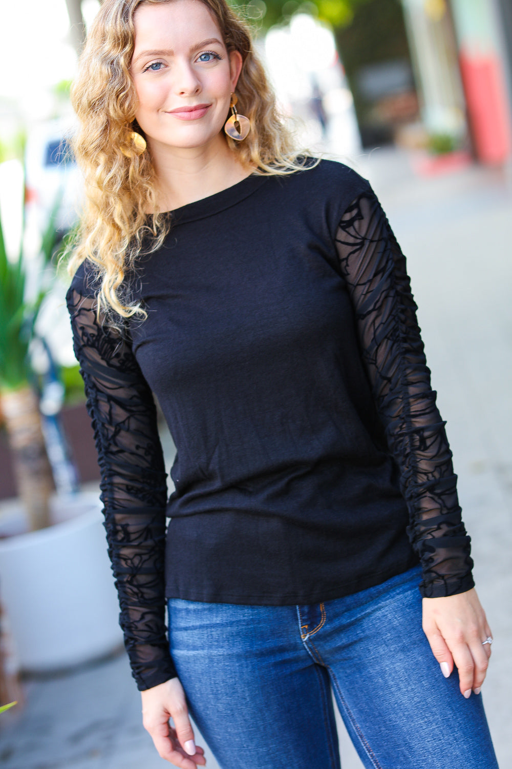 Black Shirred Velvet Mesh Blouse - Elegant Women's Fashion Top for Party & Evening Wear