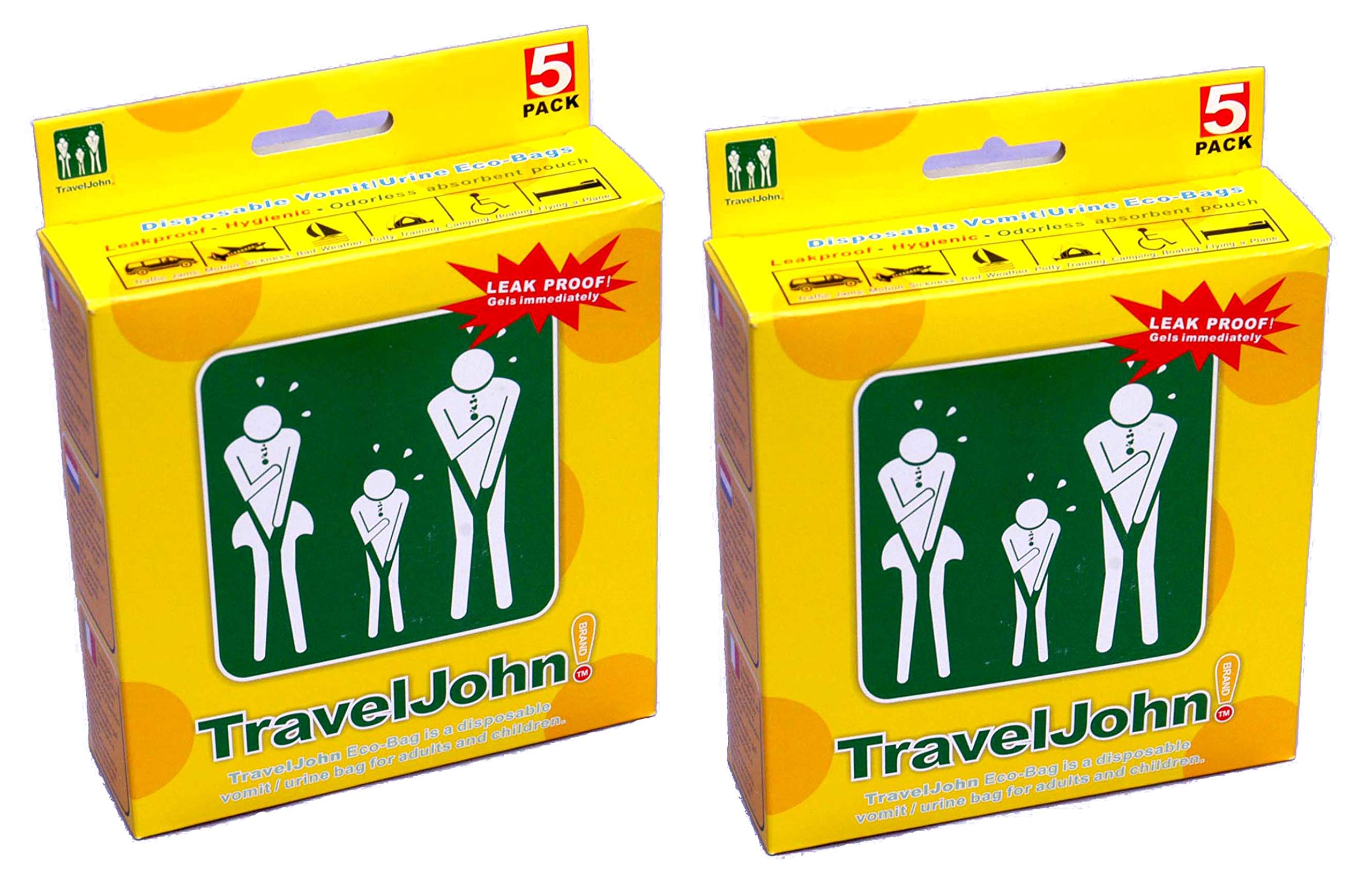 TravelJohn Disposable Vomit Bags for Cars, Airplanes & Motion Sickness - 5 Pack Leak-Proof Nausea Bags for Travel, Pregnancy & Emergency Use