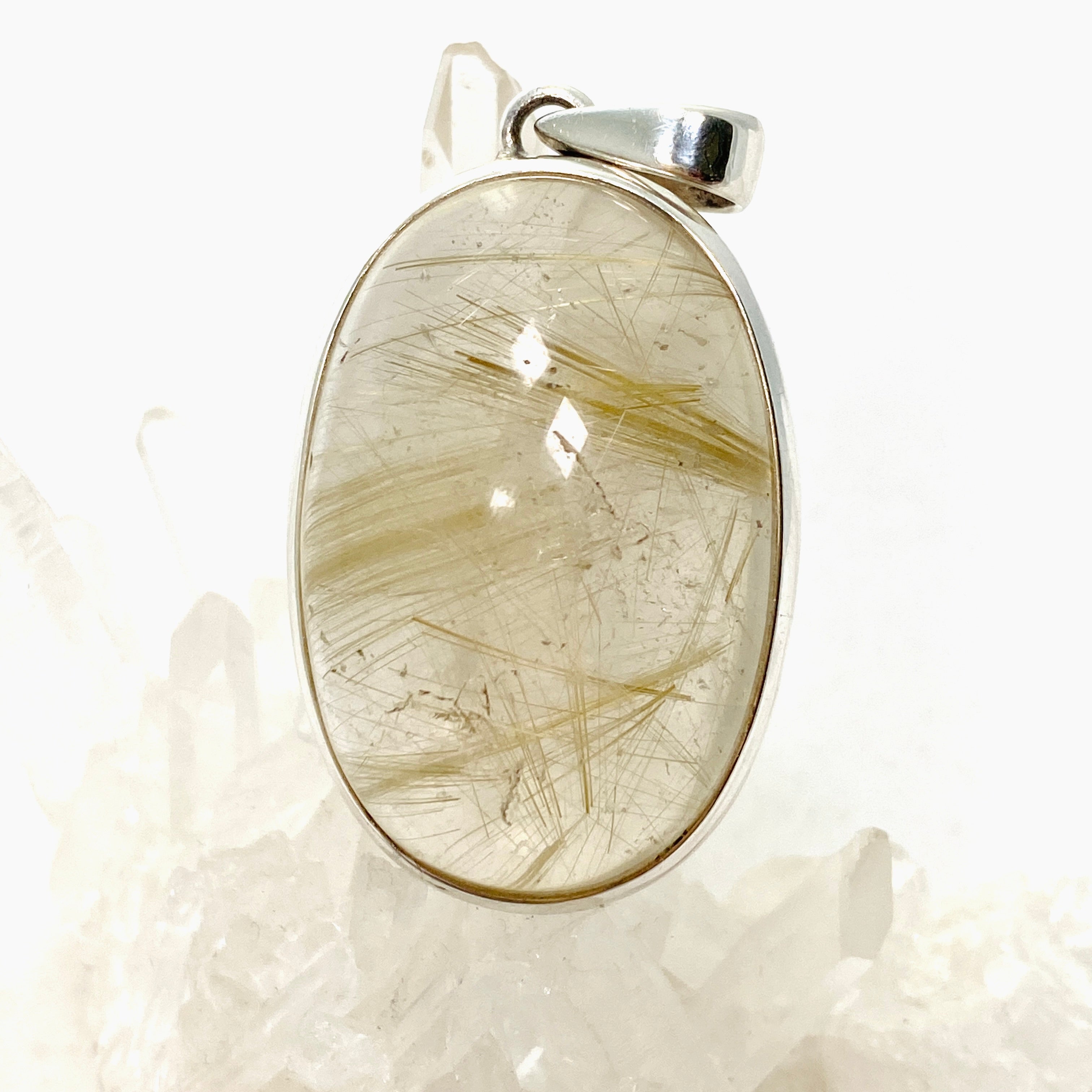 Natural Rutilated Quartz Oval Cabochon Pendant - 925 Sterling Silver Jewelry PPGJ835 for Women's Fashion & Spiritual Healing
