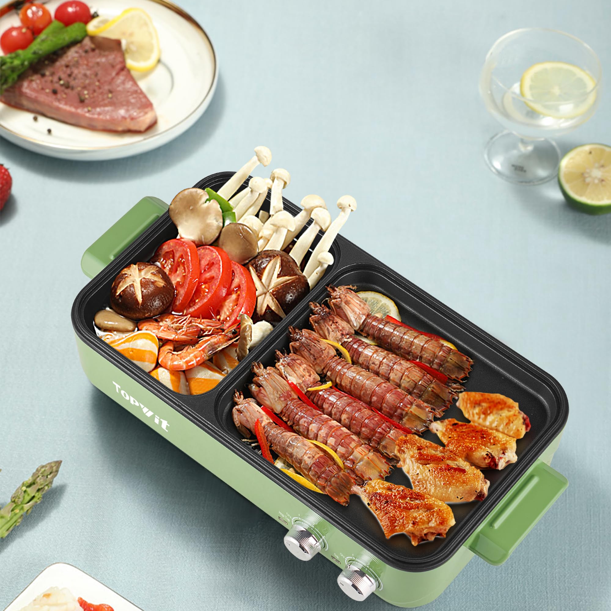 Topwit 2-in-1 Electric Hot Pot & Grill - Non-Stick Indoor Korean BBQ Grill and Shabu Shabu Pot with Dual Temperature Control - Perfect for Steaks, Noodles, and Family Gatherings - Fast Heating & Energy Efficient (Green)