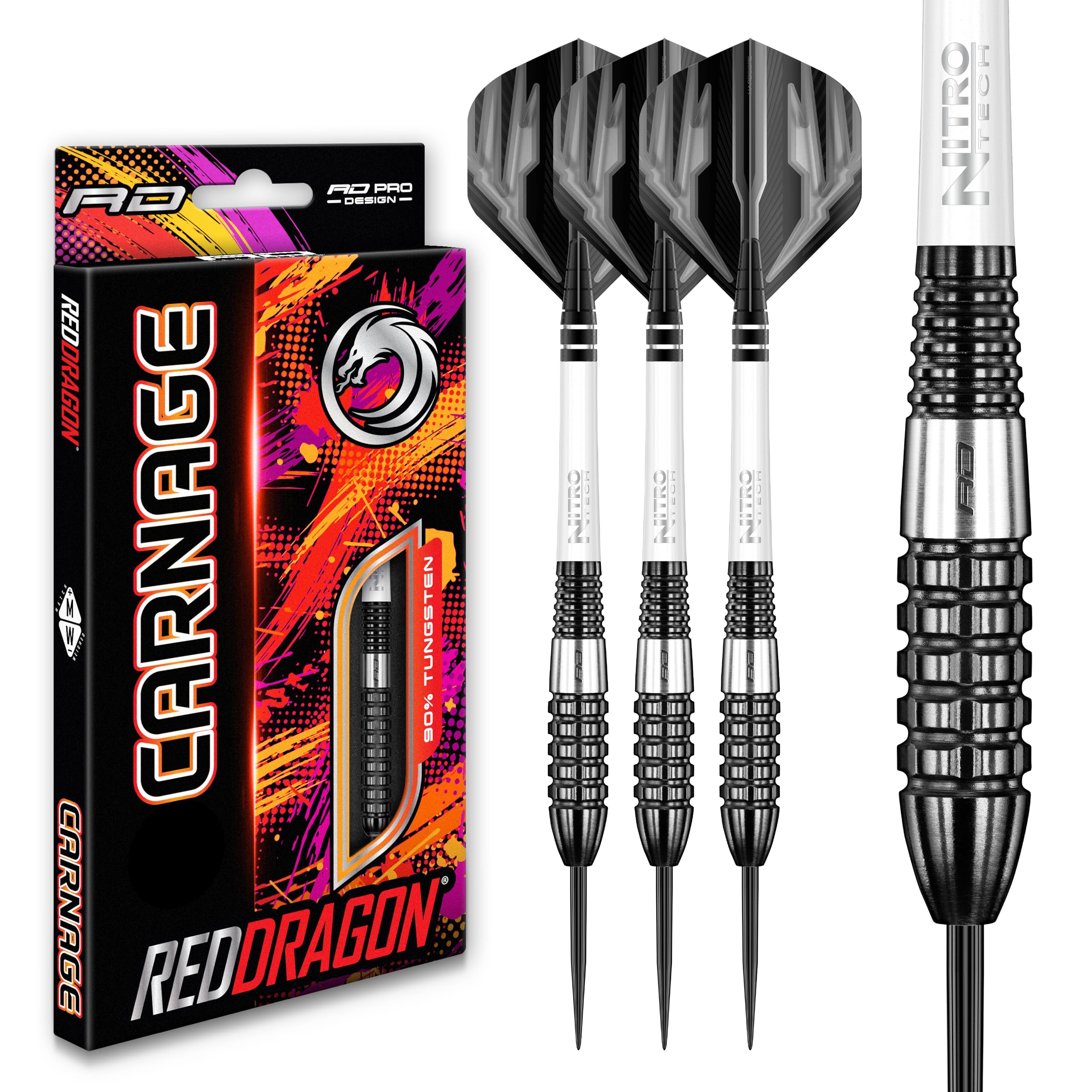 Red Dragon Carnage 3 & 4 Tungsten Steel Darts Set - 90% Tungsten Alloy with Flights, Shafts, Wallet & Checkout Card | Professional Darts for Tournaments & Home Practice | Perfect Gift for Dart Enthusiasts
