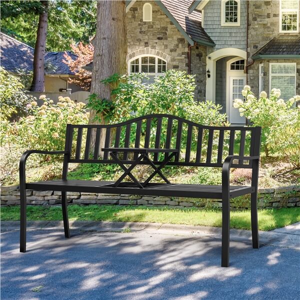 Yaheetech Outdoor Patio Bench with Middle Table - Durable Garden Bench for Backyard, Deck, or Porch - Perfect for Relaxing and Entertaining Guests