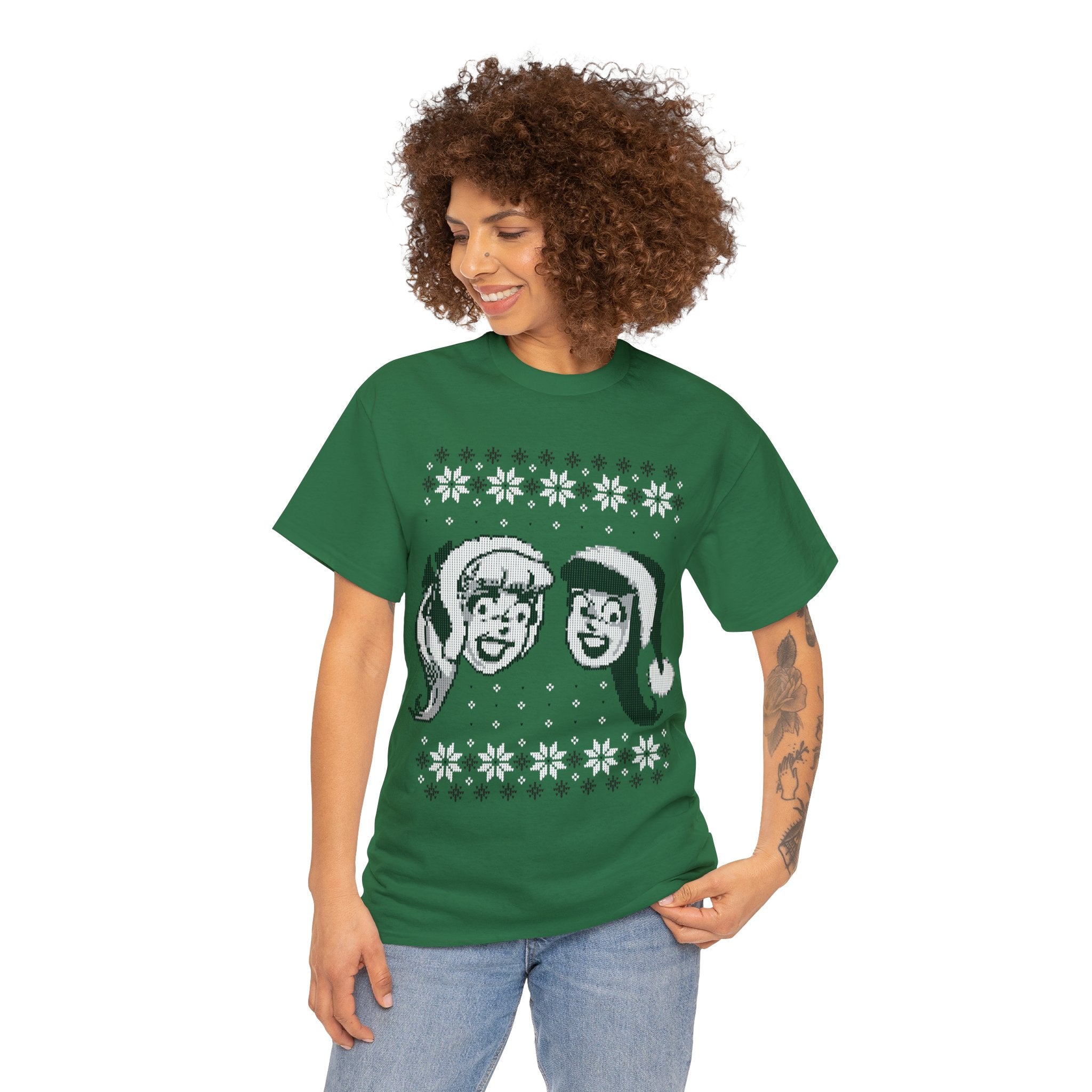 Betty and Veronica Holiday Sweater Design Graphic T-Shirt | Unisex Heavy Cotton Tee for Christmas Parties & Festive Gatherings