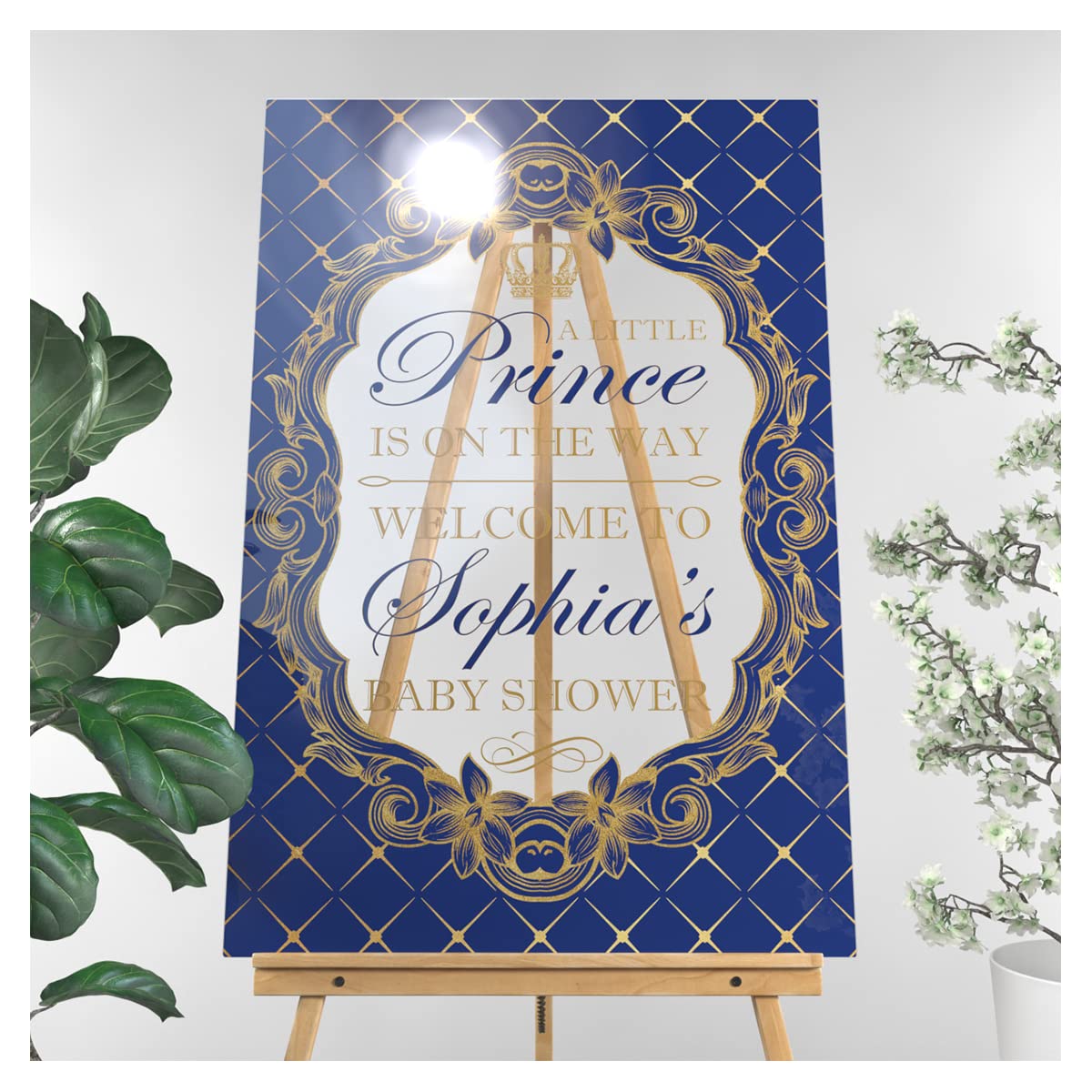 Royal Baby Welcome Sign - Blue & Gold Shower Backdrop for Little Prince Gender Reveal Party Decor | Acrylic Baby Shower Poster for Nursery, Birthday & Newborn Celebration