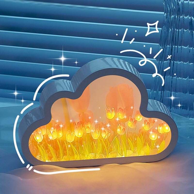 Souarts DIY Cloud 20 Tulip LED Night Light with Mirror - Creative Flower Lamp for Bedroom Decor, Perfect Gift for Teen Girls, Couples, Birthday, Anniversary & Mother's Day - Romantic Ambiance for Bedrooms, Dorms & Gift Giving