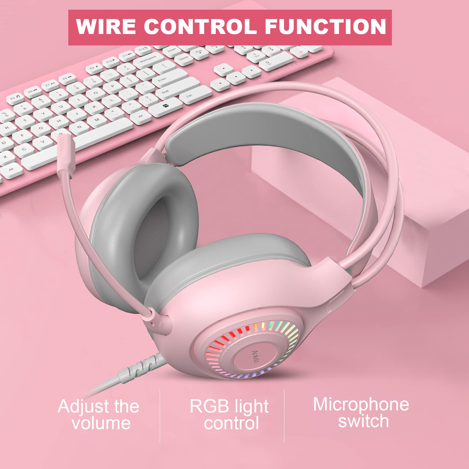 Anivia G1 Pink Gaming Headset - Wired Over-Ear Headphones with Noise Isolation Mic & LED Lights for PS5, PS4, Xbox One, PC, Nintendo Switch - Immersive Surround Sound for Gaming, Streaming & Online Chat