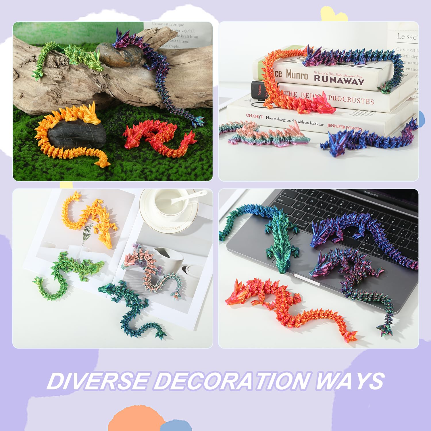 3D Printed Flexible Articulated Dragon Toy - 12 Inch Crystal Dragon (3 Pack) - Fidget Toys for Adults & Kids with Autism/ADHD - Unique Desk Decor for Home & Office - Stress Relief & Sensory Play Gift
