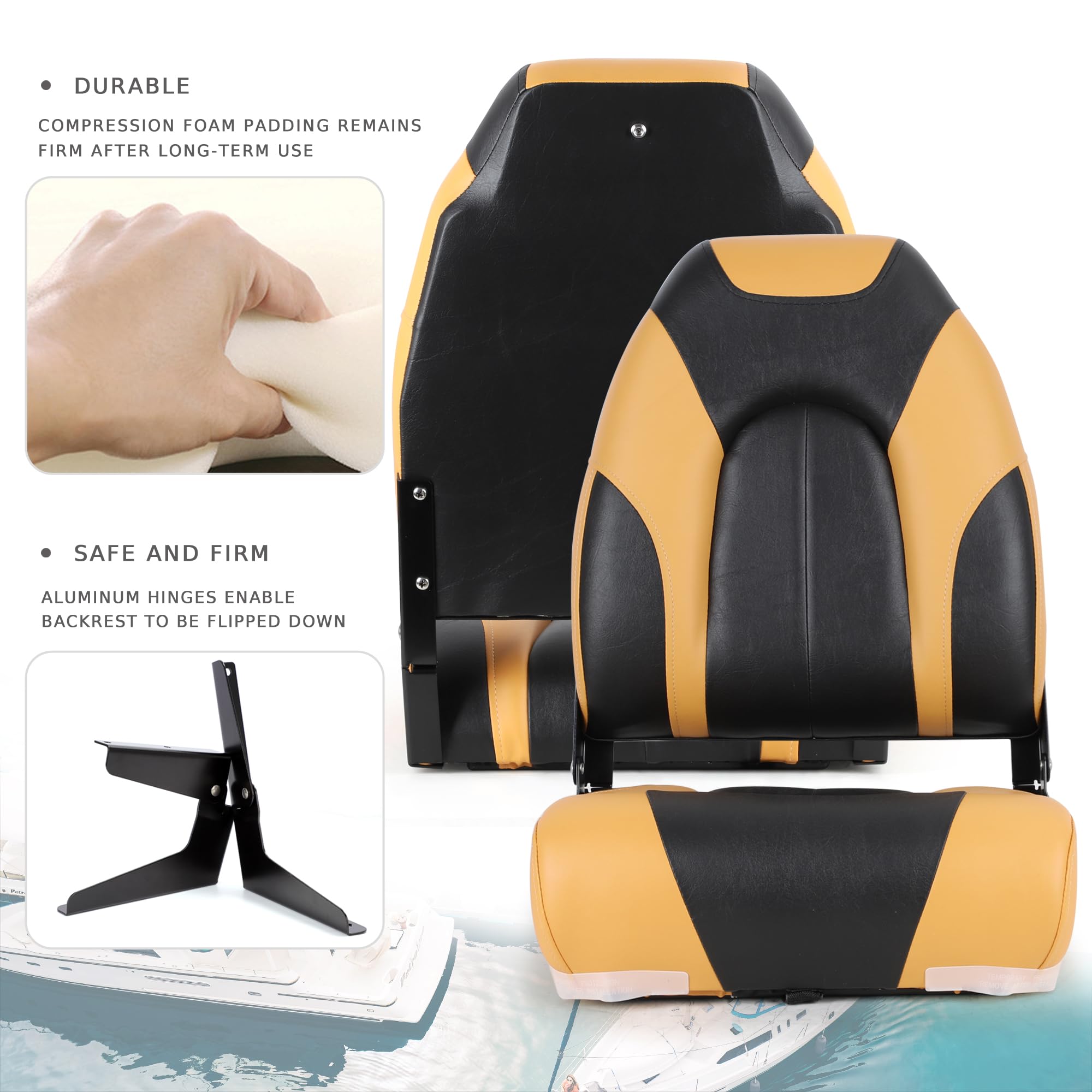 Premium High Back Folding Boat Seat for Fishing & Boating - Heavy Duty Marine Grade with Stainless Steel Hardware - Perfect for Pontoon, Deck & Offshore Boats