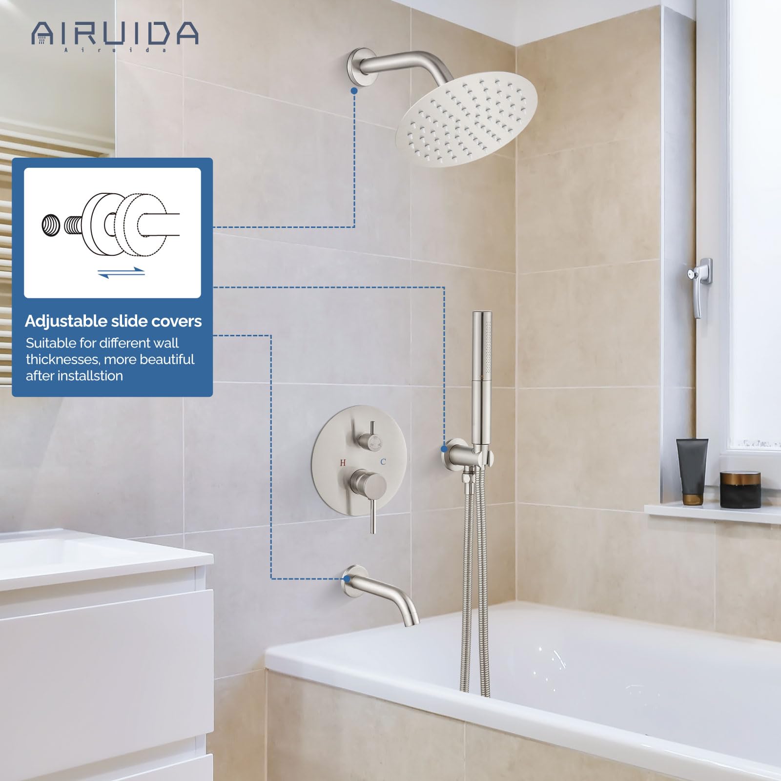Airuida 8 Inch Round Shower System Set - 3 Function Wall Mount Rain Shower Faucet with 2 Function Handheld Showerhead & Tub Spout - Brushed Nickel Finish - Perfect for Bathroom Renovation & Spa-Like Shower Experience