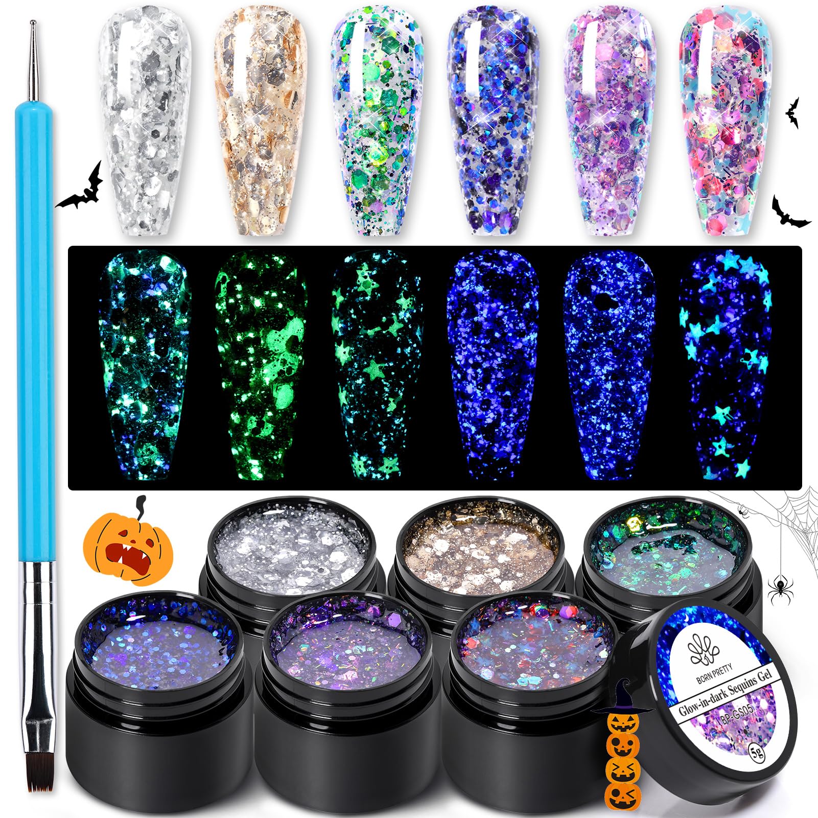 Born Pretty Glitter Gel Nail Polish Set - Halloween Glow in Dark Luminous Nail Varnish, Sparkly Shiny Soak Off UV Gel Polish Kit with Brush for DIY Manicure | Perfect for Halloween Parties, Night Events & Home Nail Art