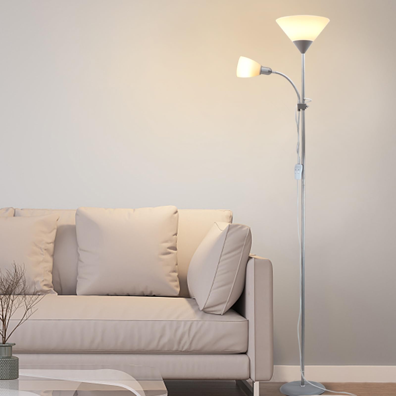 DINGLILIGHTING Modern LED Floor Lamp with Adjustable Reading Light - Silver Standing Pole Torchiere Lamp for Living Room, Bedroom & Office - Perfect for Reading, Working & Ambient Lighting