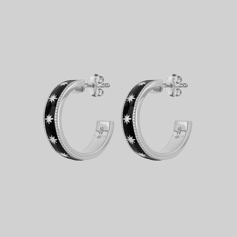 VYVIAN Tiny Stars Black Enamel Hoop Earrings for Women - Sterling Silver Dainty Jewelry - Perfect for Everyday Wear, Date Night & Gift Giving