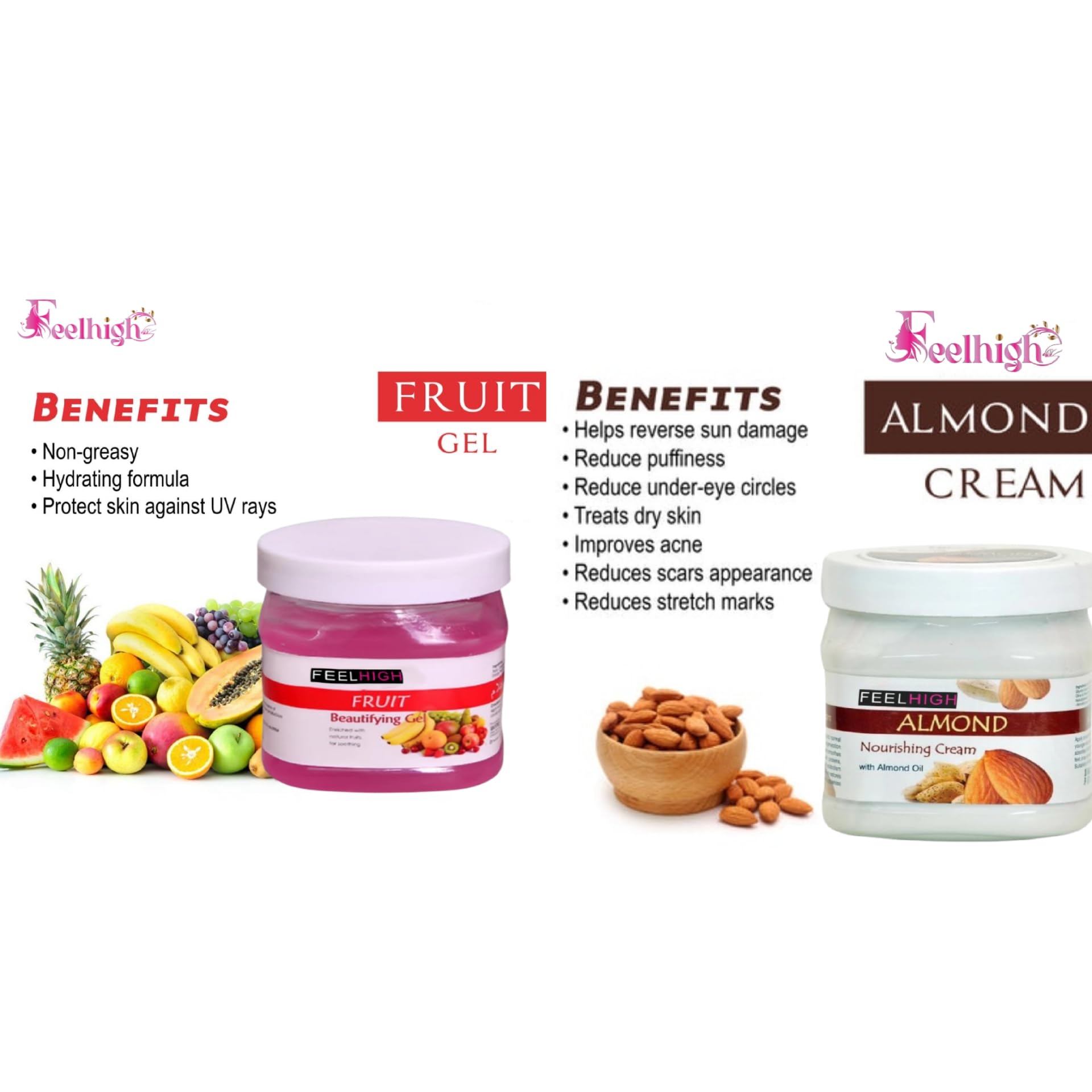 Feelhigh Face & Body Fruit Gel 500g + Almond Cream 500g Set - Natural Skincare for Men & Women - Hydrating Facial & Body Care for Dry Skin, Daily Moisturizing Routine