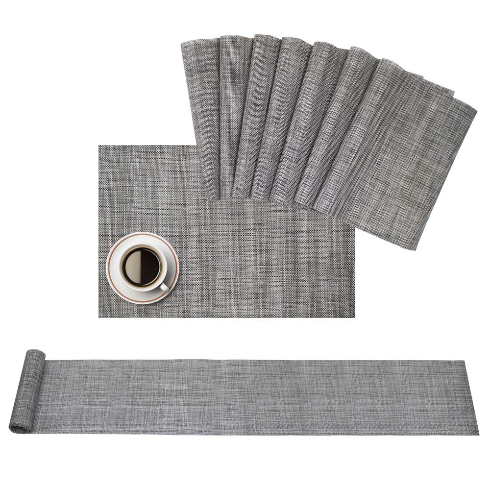 Premium Airsnigi Placemats Set of 8 with Table Runner - Heat & Stain Resistant PVC Woven Vinyl Place Mats for Dining Table - Elegant Black Gray Washable Table Mats - Perfect for Dinner Parties, Holidays & Everyday Use