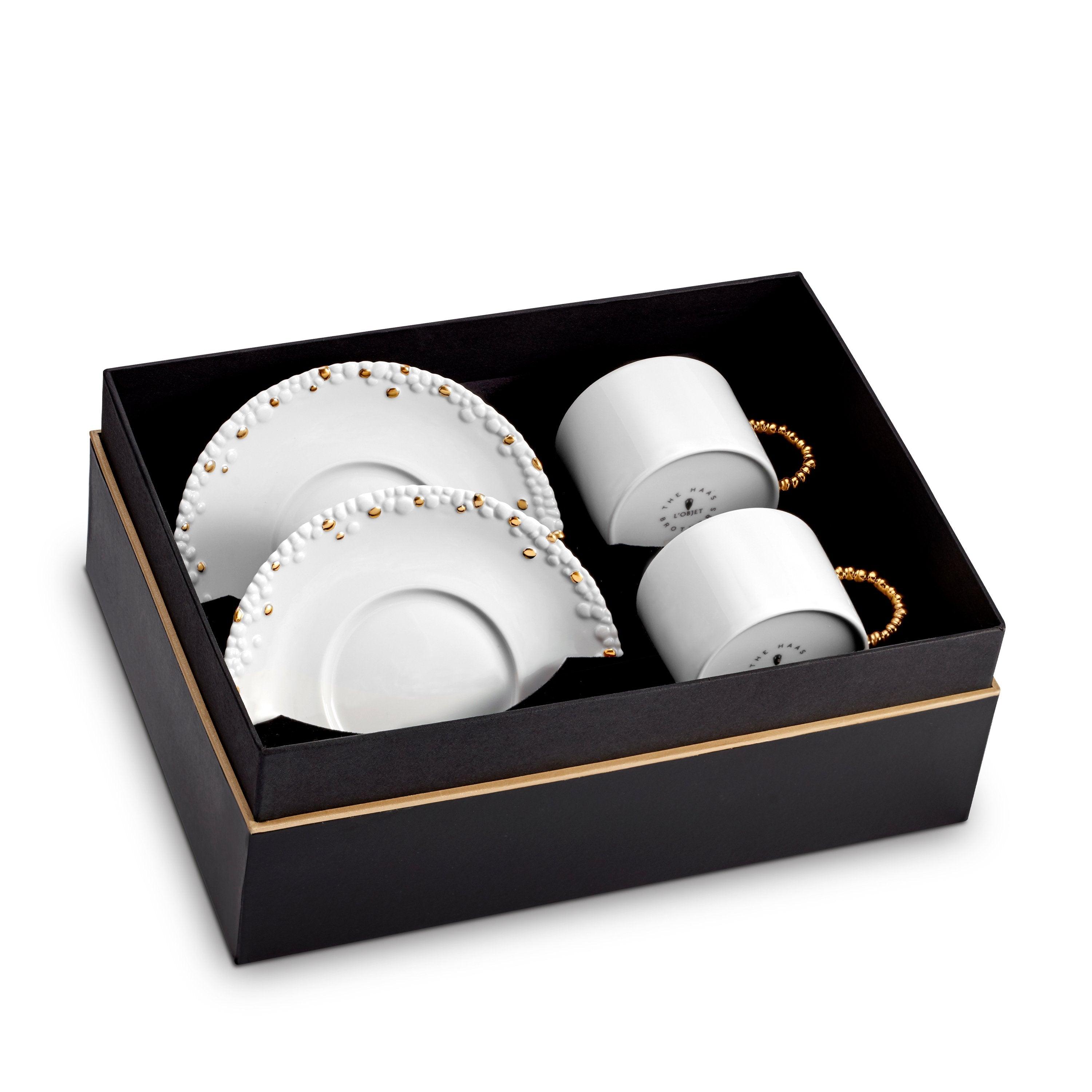 Premium Haas Mojave Tea Cup and Saucer Set of 2 - Elegant White & Gold Porcelain Tea Cups for Afternoon Tea, Bridal Shower, or Luxury Gift Giving