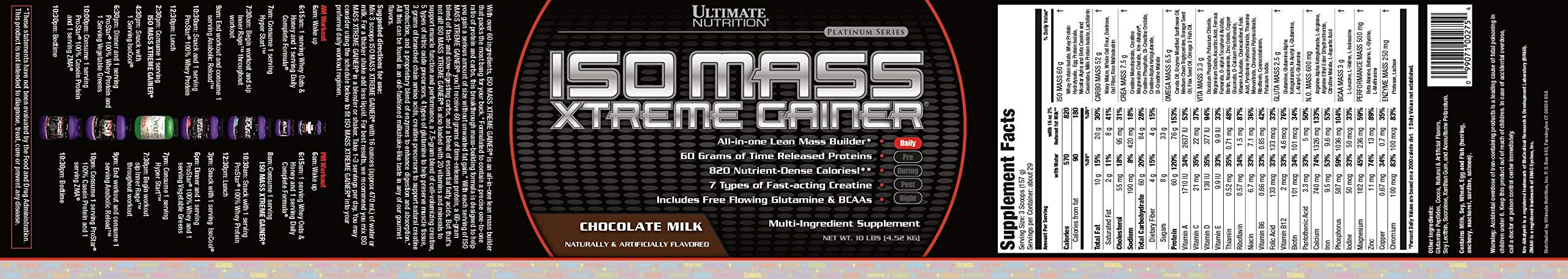 Ultimate Nutrition ISO Mass Xtreme Gainer - High Protein Weight Gainer Powder with Creatine, 60g Protein per Serving, Whey Isolate for Lean Muscle Growth, 10lbs (30 Servings) Chocolate Flavor - Perfect for Post-Workout Recovery & Bodybuilding