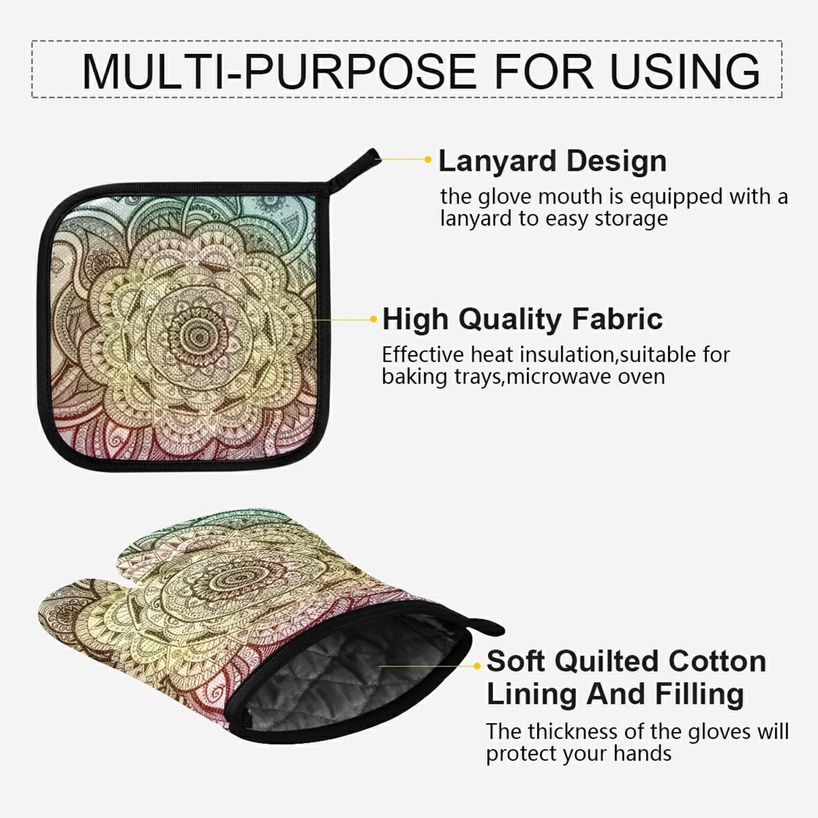 Aflyko Heat Resistant Oven Mitts and Pot Holders Set - Floral Mandala Design Kitchen Gloves for Baking, Grilling, BBQ - Perfect Valentine's Day & Mother's Day Gift for Home Cooks