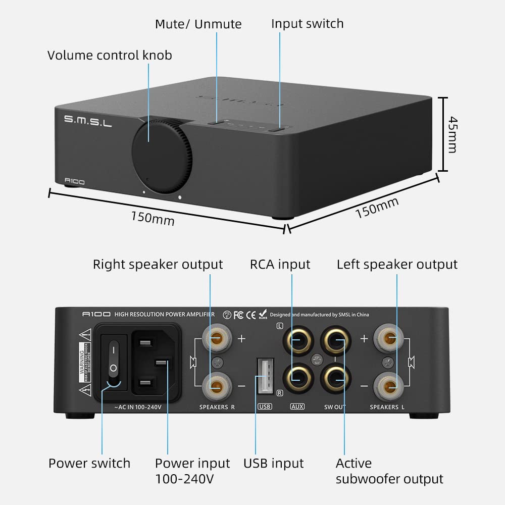 S.M.S.L A100 Bluetooth 5.0 Stereo Audio Mini Class D Amplifier with MA12070 Chip - 2 Channel Home Audio Receiver for Desktop Speakers (80Wx2) - Perfect for Home Theater, Gaming & Music Listening