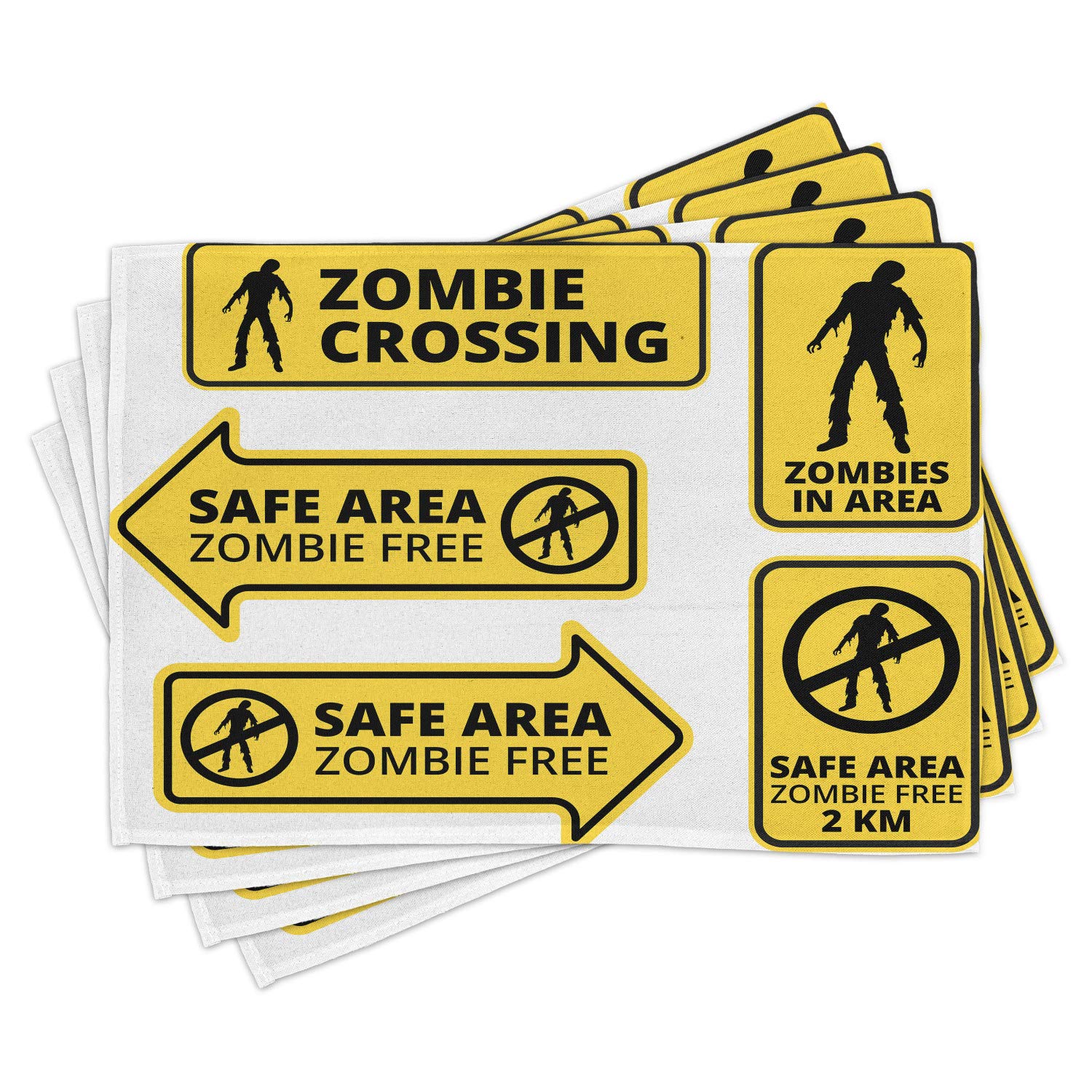 Ambesonne Zombie Place Mats Set of 4 - Horror Movie Design Washable Fabric Placemats for Dining Room & Kitchen Table Decor in Yellow & Black | Perfect for Halloween Parties, Themed Dinners & Horror Fans
