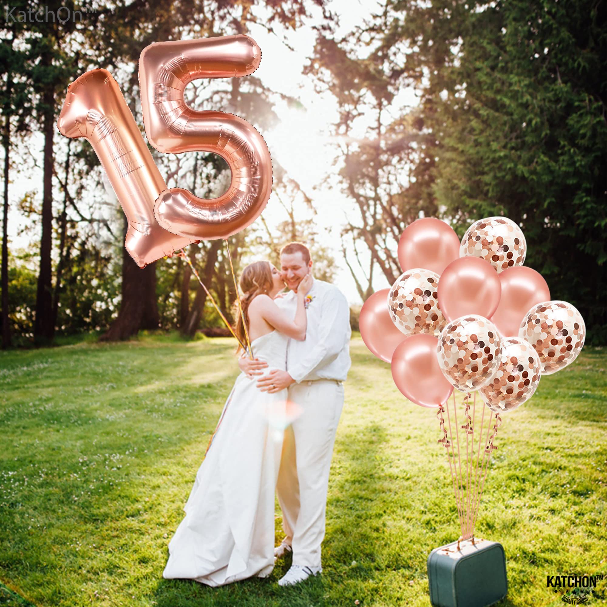 KatchOn 15th Birthday Balloons - 40 Inch Giant Rose Gold Number 15 with Confetti | Quinceañera & Sweet 16 Party Decorations | Perfect for Girls' Birthday Celebrations, Photo Backdrops & Milestone Events