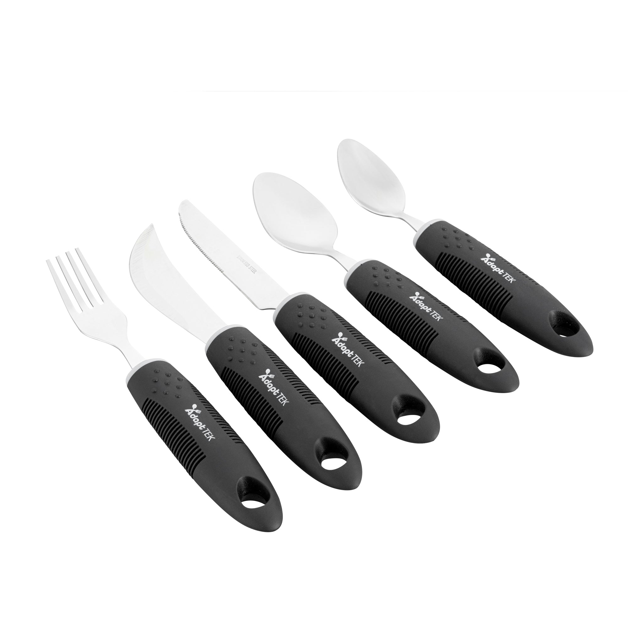 Adapt Tek Black Stainless Steel 5-Piece Adaptive Utensil Set - Lightweight, Non-Slip Grip, Ergonomic Design for Easy Eating - Perfect for Seniors, Arthritis & Hand Mobility Challenges (1 Count Box)