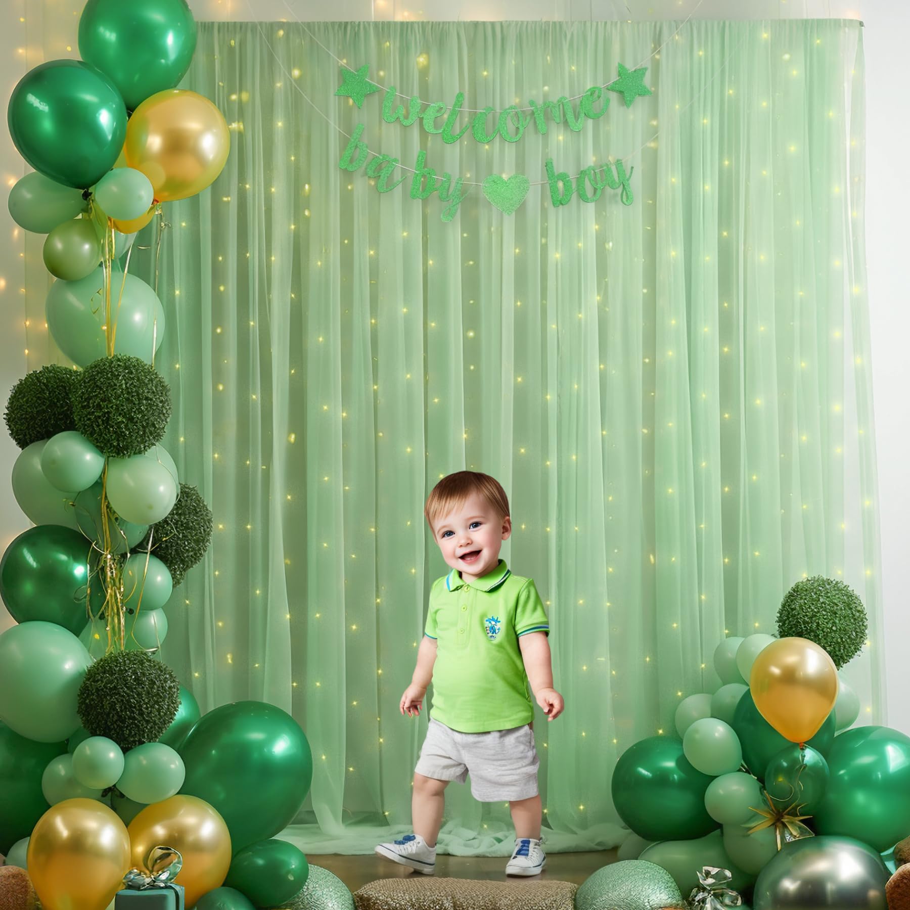 10×10ft Green Tulle Backdrop Curtain with Fairy Lights - Sheer Wedding Party Decor, Photo Booth Background, Birthday Celebration Drapes for Home & Event Decorations