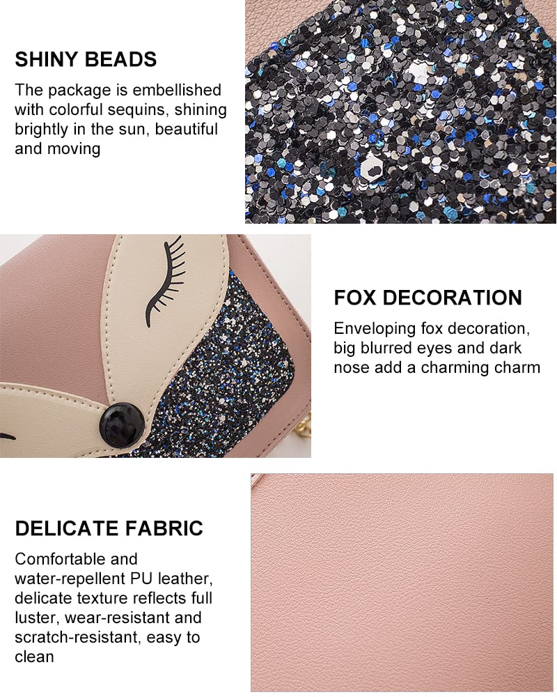 Cute Fox Sequins Leather Crossbody Bag for Little Girls - Small Shoulder Purse with Adjustable Strap, Kids Gift for Birthday, Party & School (Pink)