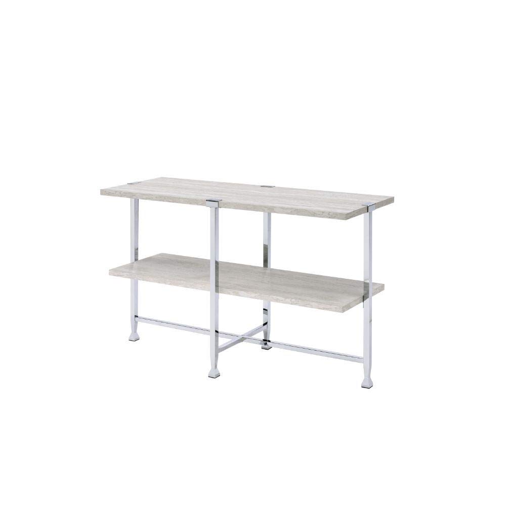 White Oak & Chrome Sofa Table - Modern Side Table, End Table, Computer Workstation for Home Office - Perfect for Living Room, Bedroom or Workspace Decor