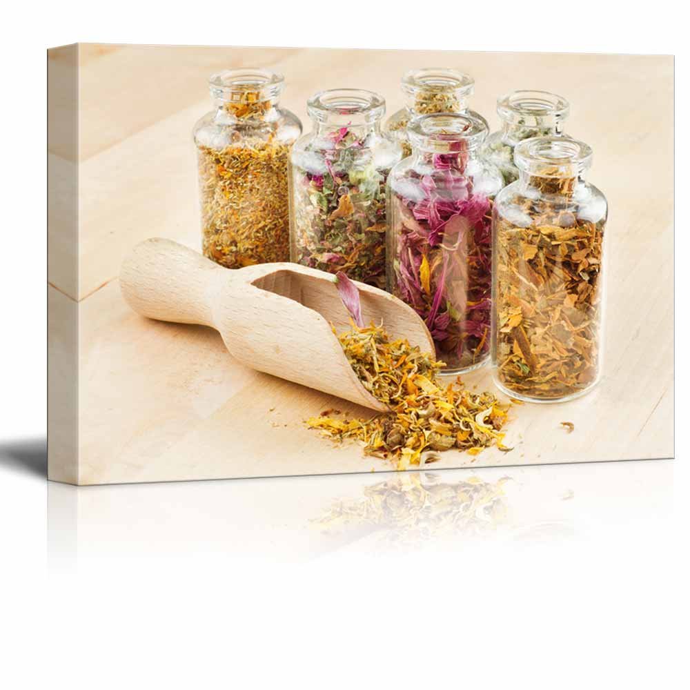 Healing Herbs in Glass Bottles Canvas Print - Modern Herbal Medicine Wall Art, Stretched Gallery Wrap Giclee Ready to Hang (32