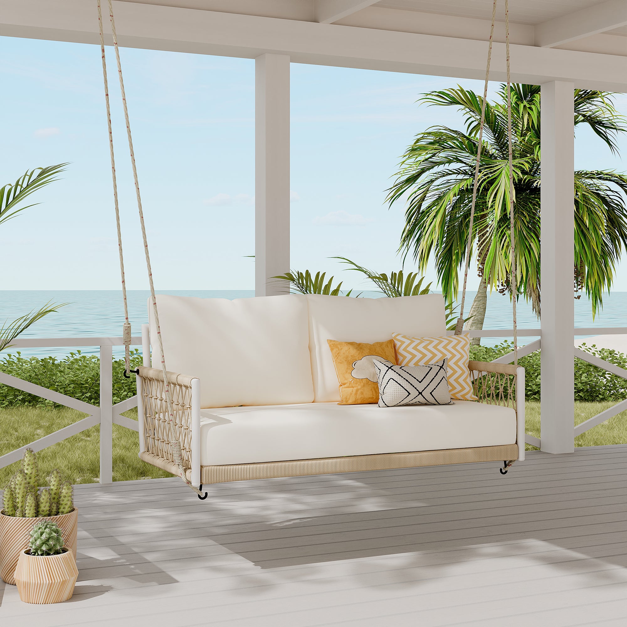 1 Piece Woven Rope Outdoor Swing Sofa with Soft Cushions - Seats 2 People - Perfect for Patio, Garden, Backyard, Balcony & Poolside Relaxation (Beige)