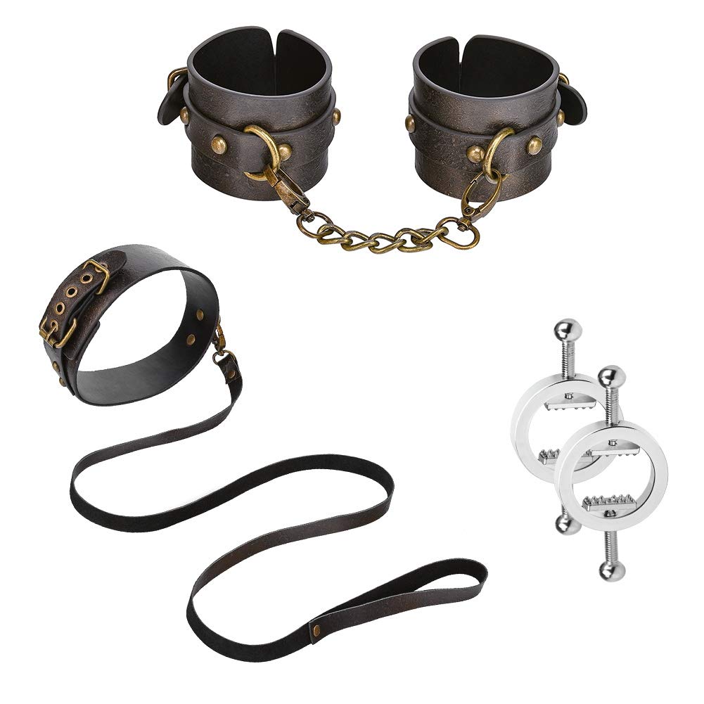 BDSM Bondage Set - Nipple Clamps, Handcuffs, Ankle & Wrist Restraints, Collar with Leash for Adults - Perfect for Couples Role Play, Spice Up Your Sex Life, Bedroom Games & BDSM Exploration