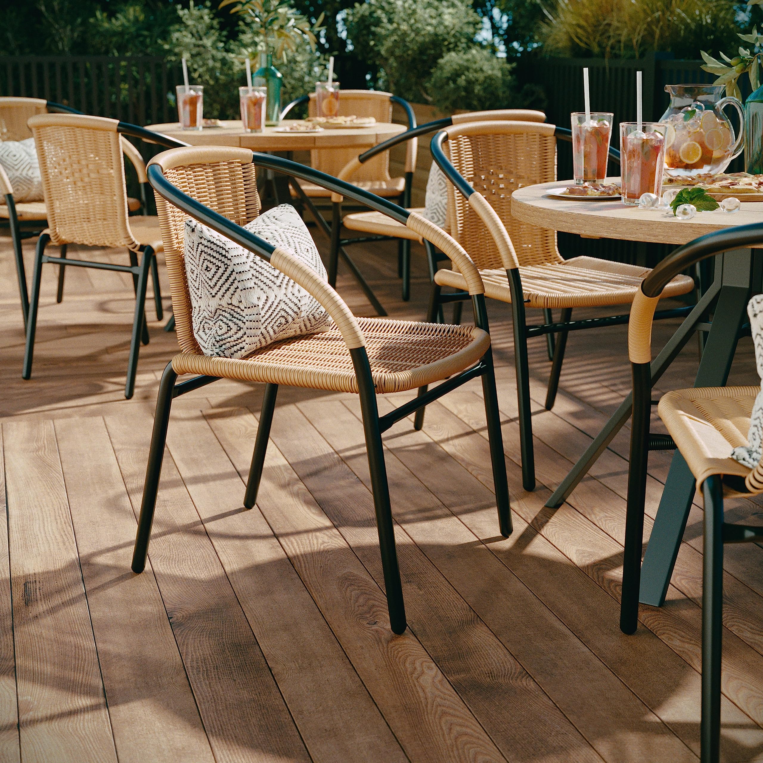 Flash Furniture Lila 4-Pack Beige Rattan Stackable Chairs for Indoor & Outdoor Use - Stylish Dining Chairs for Restaurants, Cafes, Patios & Home Decor