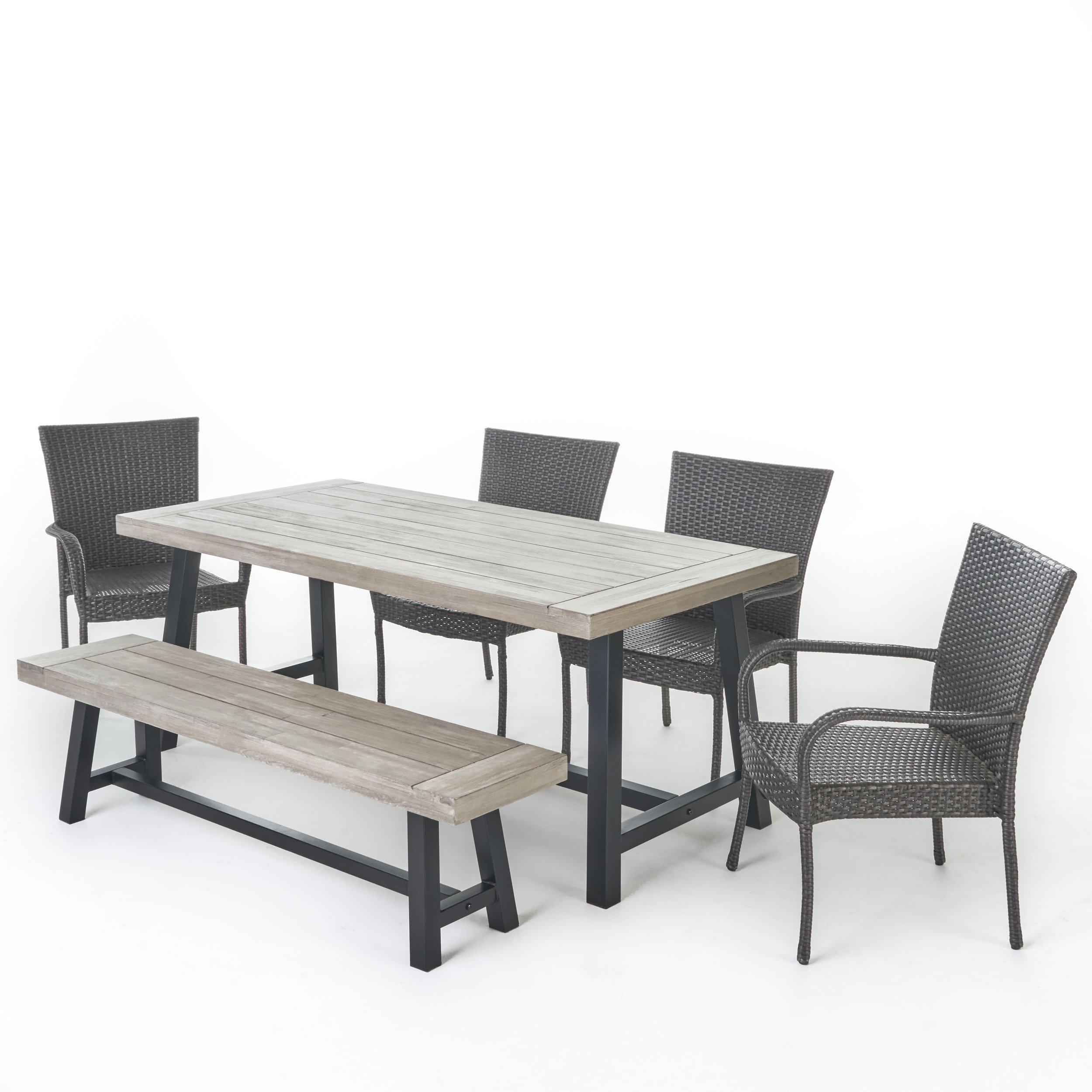 Christopher Knight Home Cooper 6-Piece Outdoor Stacking Wicker Dining Set with Acacia Wood Table & Bench - Sandblast Light Grey/Black Rustic Metal/Grey - Perfect for Patio, Garden & Backyard Entertaining